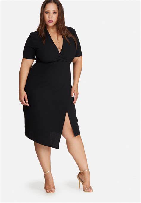 Wrap midi dress in black for plus size interview outfits